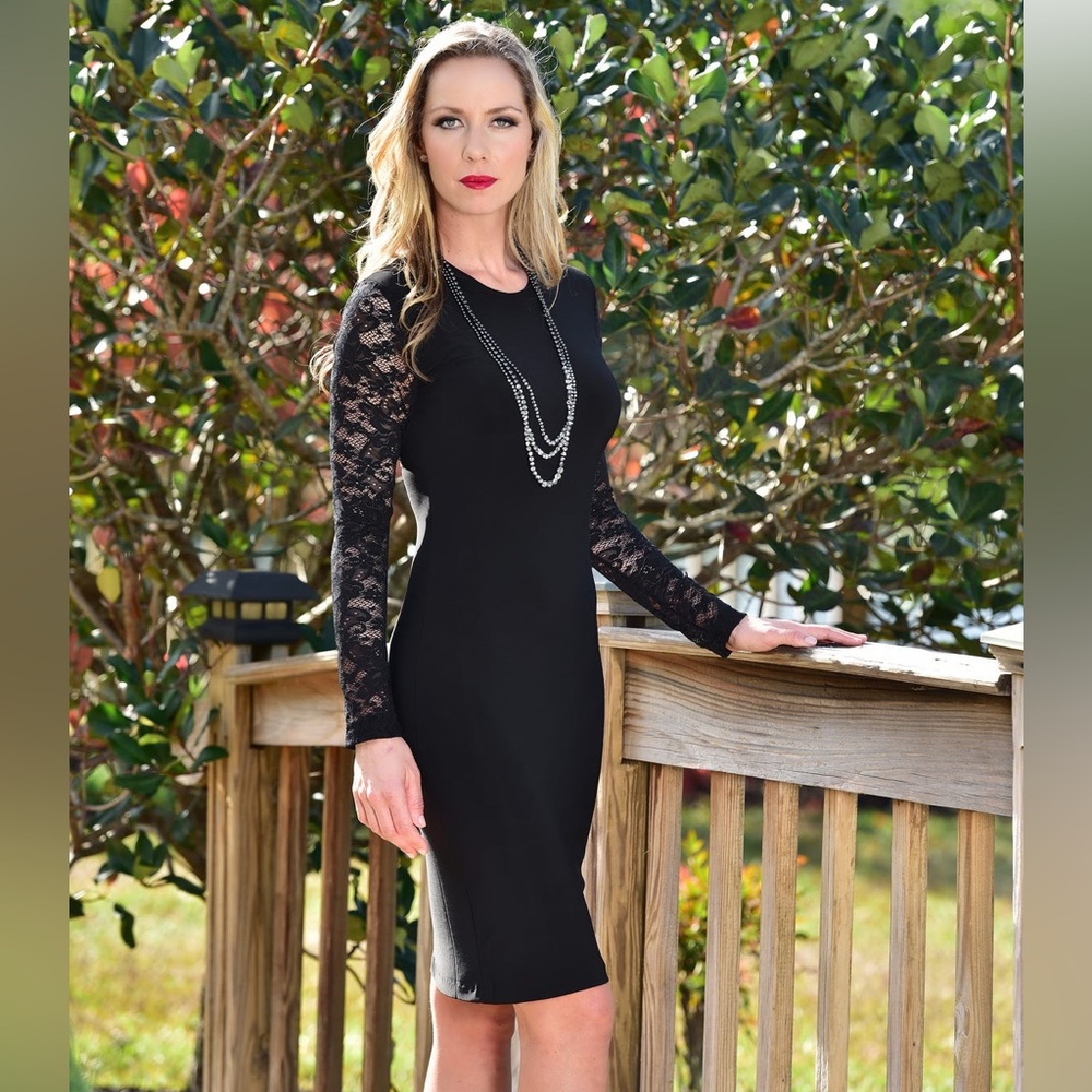 Norma Kamali Kulture Black Lace Long Sleeve Bodycon Knee Length Dress LBD Sz XS